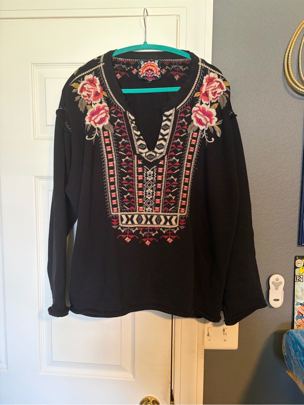 Johnny Was Black Embroidered Floral V-Neck Tunic